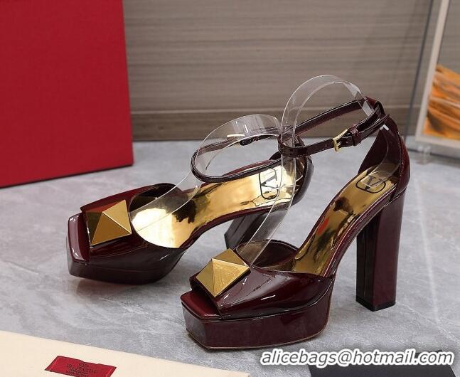 Top Grade Valentino One Stud Patent Leather High Heel Platform Sandals 13cm Burgundy 112959