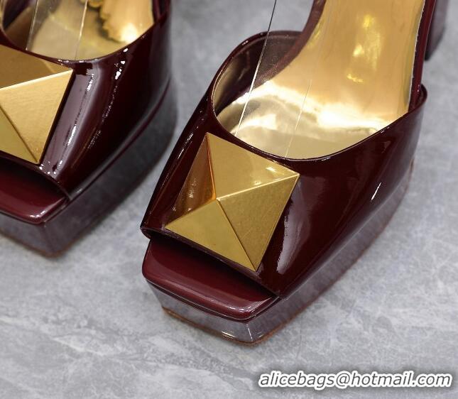 Top Grade Valentino One Stud Patent Leather High Heel Platform Sandals 13cm Burgundy 112959