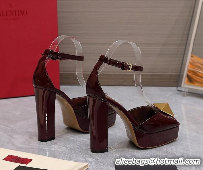 Top Grade Valentino One Stud Patent Leather High Heel Platform Sandals 13cm Burgundy 112959