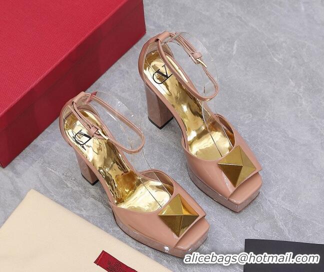 Stylish Valentino One Stud Patent Leather High Heel Platform Sandals 13cm Nude 112961