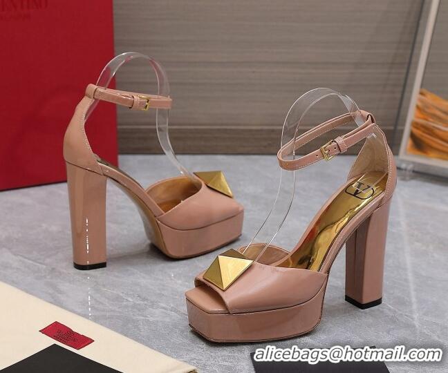 Stylish Valentino One Stud Patent Leather High Heel Platform Sandals 13cm Nude 112961