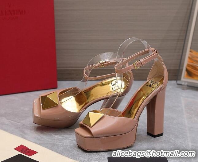 Stylish Valentino One Stud Patent Leather High Heel Platform Sandals 13cm Nude 112961