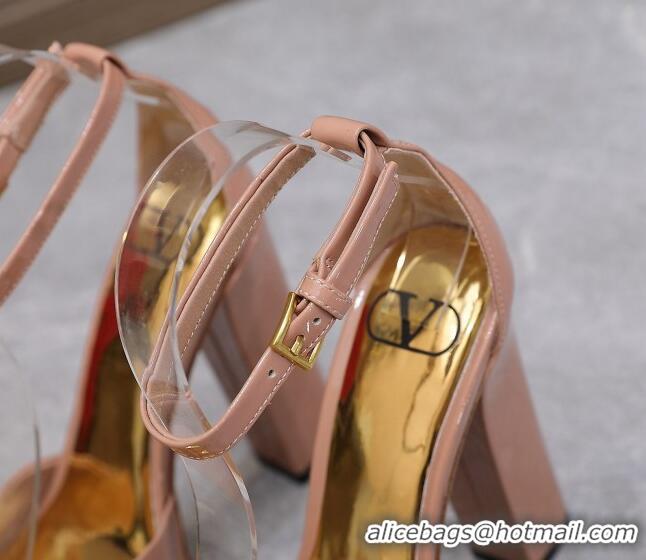 Stylish Valentino One Stud Patent Leather High Heel Platform Sandals 13cm Nude 112961