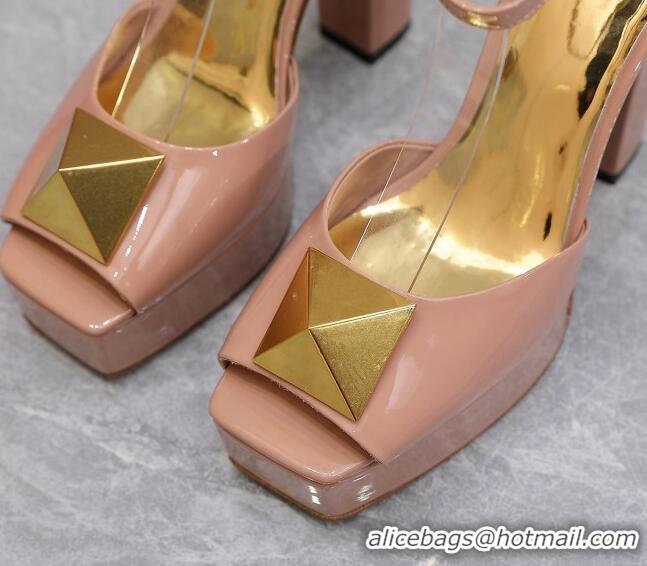 Stylish Valentino One Stud Patent Leather High Heel Platform Sandals 13cm Nude 112961