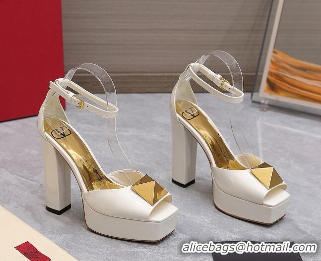 Best Grade Valentino One Stud Patent Leather High Heel Platform Sandals 13cm White 112962