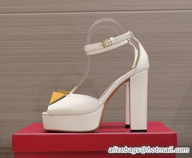 Best Grade Valentino One Stud Patent Leather High Heel Platform Sandals 13cm White 112962