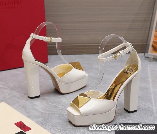 Best Grade Valentino One Stud Patent Leather High Heel Platform Sandals 13cm White 112962