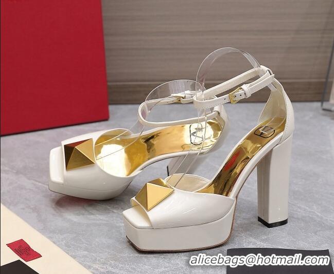 Best Grade Valentino One Stud Patent Leather High Heel Platform Sandals 13cm White 112962