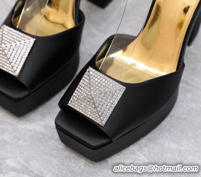 Sumptuous Valentino One Stud Silk High Heel Platform Sandals 13cm with Crystal Black 112963