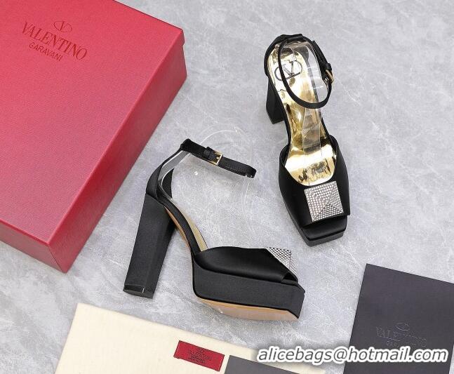 Sumptuous Valentino One Stud Silk High Heel Platform Sandals 13cm with Crystal Black 112963