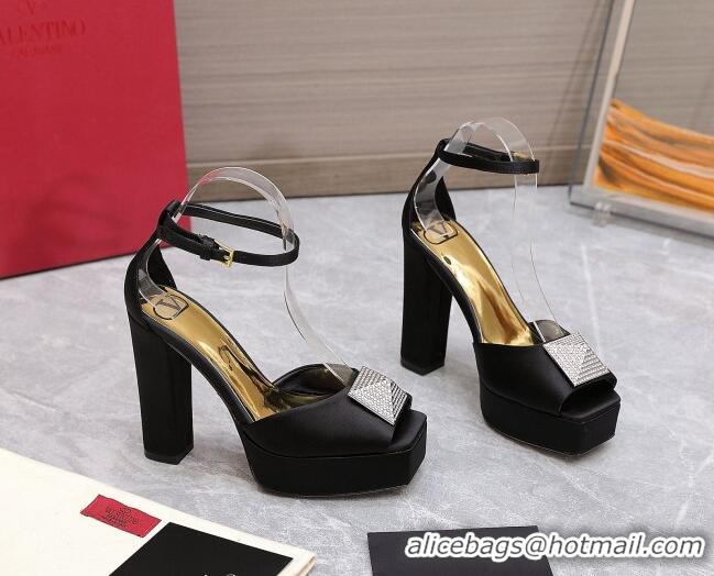 Sumptuous Valentino One Stud Silk High Heel Platform Sandals 13cm with Crystal Black 112963