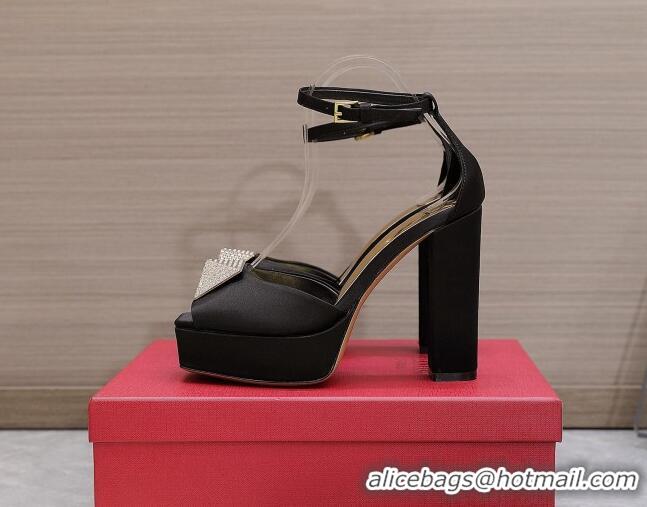 Sumptuous Valentino One Stud Silk High Heel Platform Sandals 13cm with Crystal Black 112963