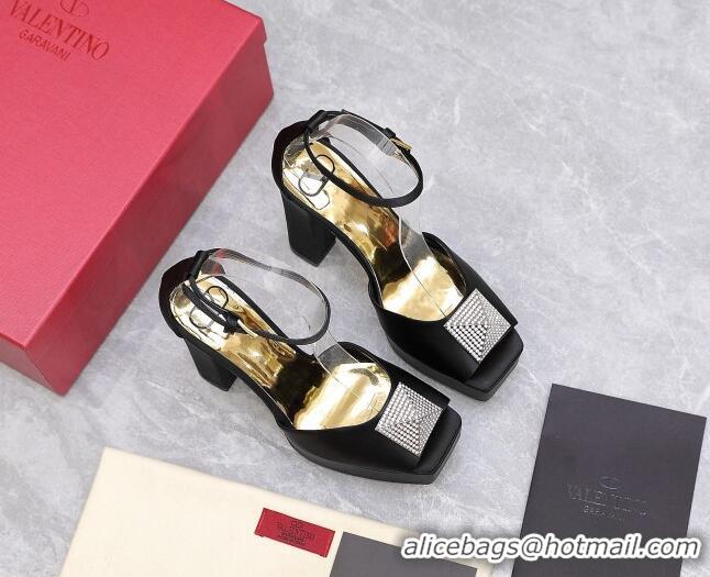 Sumptuous Valentino One Stud Silk High Heel Platform Sandals 13cm with Crystal Black 112963