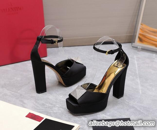 Sumptuous Valentino One Stud Silk High Heel Platform Sandals 13cm with Crystal Black 112963