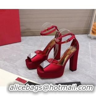 Pretty Style Valentino One Stud Silk High Heel Platform Sandals 13cm with Crystal Red 112964