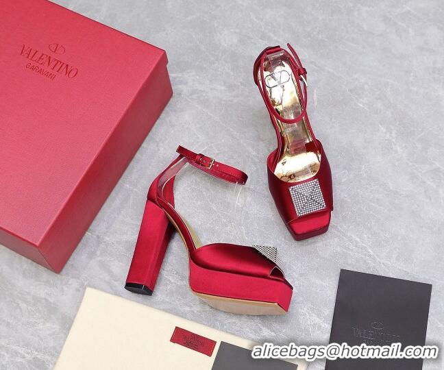 Pretty Style Valentino One Stud Silk High Heel Platform Sandals 13cm with Crystal Red 112964