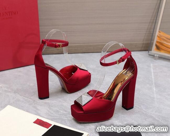 Pretty Style Valentino One Stud Silk High Heel Platform Sandals 13cm with Crystal Red 112964