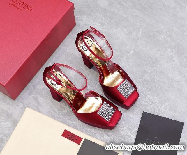 Pretty Style Valentino One Stud Silk High Heel Platform Sandals 13cm with Crystal Red 112964