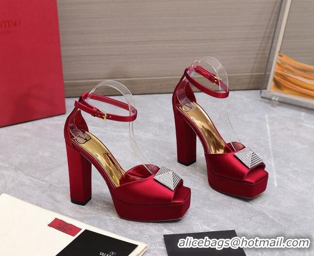 Pretty Style Valentino One Stud Silk High Heel Platform Sandals 13cm with Crystal Red 112964