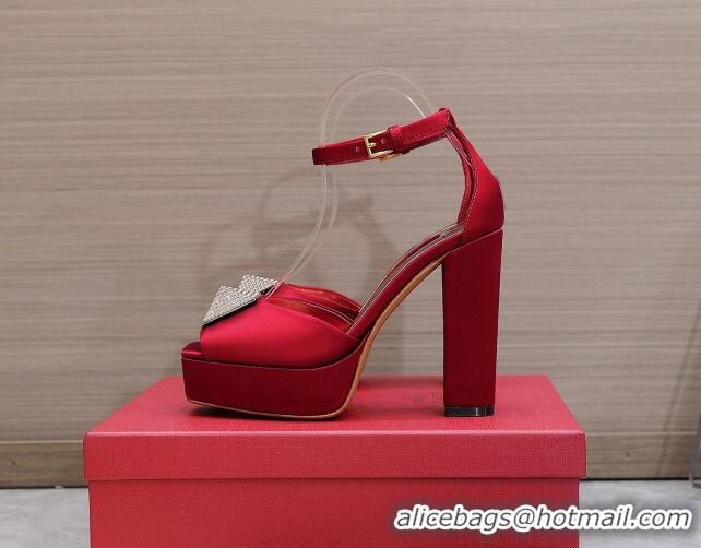 Pretty Style Valentino One Stud Silk High Heel Platform Sandals 13cm with Crystal Red 112964