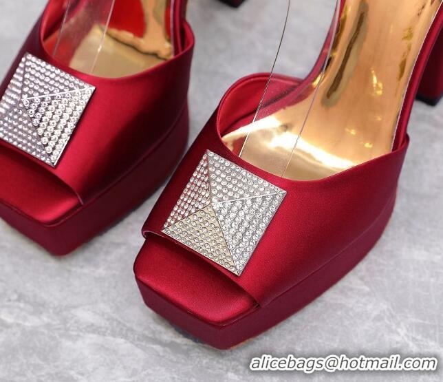 Pretty Style Valentino One Stud Silk High Heel Platform Sandals 13cm with Crystal Red 112964