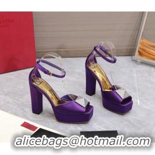 Luxury Valentino One Stud Silk High Heel Platform Sandals 13cm with Crystal Purple 112965