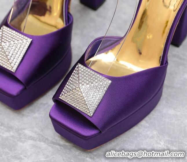 Luxury Valentino One Stud Silk High Heel Platform Sandals 13cm with Crystal Purple 112965