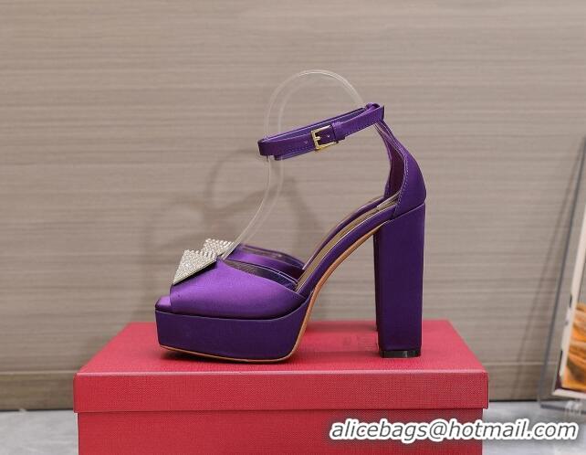 Luxury Valentino One Stud Silk High Heel Platform Sandals 13cm with Crystal Purple 112965