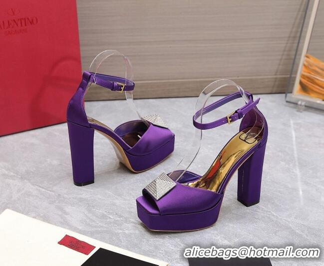 Luxury Valentino One Stud Silk High Heel Platform Sandals 13cm with Crystal Purple 112965