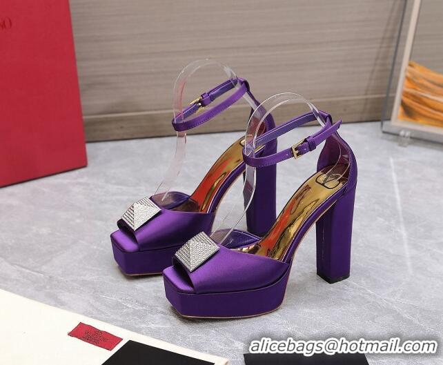 Luxury Valentino One Stud Silk High Heel Platform Sandals 13cm with Crystal Purple 112965