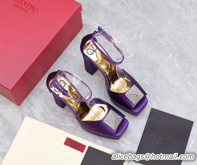 Luxury Valentino One Stud Silk High Heel Platform Sandals 13cm with Crystal Purple 112965