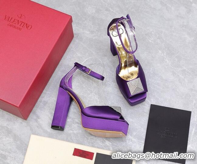 Luxury Valentino One Stud Silk High Heel Platform Sandals 13cm with Crystal Purple 112965