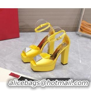 Good Quality Valentino One Stud Silk High Heel Platform Sandals 13cm with Crystal Yellow 2112967