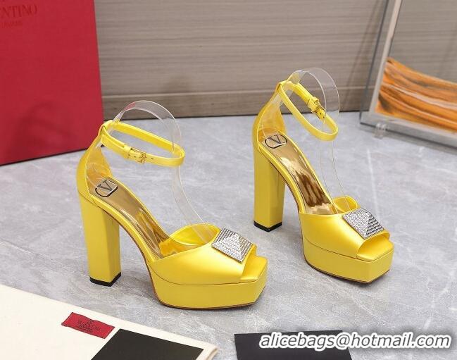 Good Quality Valentino One Stud Silk High Heel Platform Sandals 13cm with Crystal Yellow 2112967