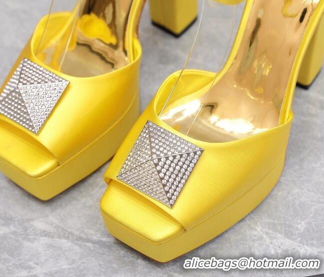 Good Quality Valentino One Stud Silk High Heel Platform Sandals 13cm with Crystal Yellow 2112967