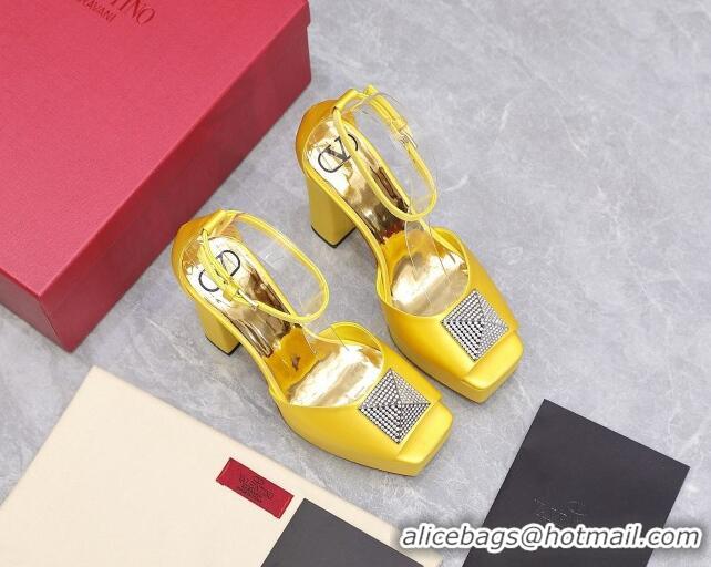 Good Quality Valentino One Stud Silk High Heel Platform Sandals 13cm with Crystal Yellow 2112967