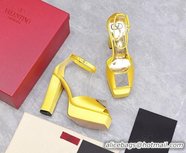 Good Quality Valentino One Stud Silk High Heel Platform Sandals 13cm with Crystal Yellow 2112967