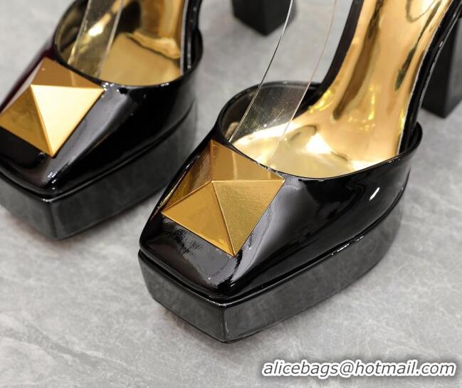 Good Quality Valentino One Stud Patent Leather High Heel Platform Open Pumps 13cm Black 112968