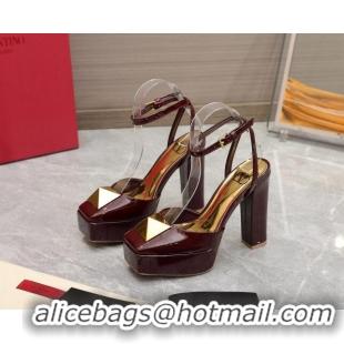 Sophisticated Valentino One Stud Patent Leather High Heel Platform Open Pumps 13cm Burgundy 112969