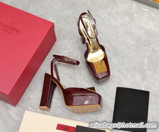 Sophisticated Valentino One Stud Patent Leather High Heel Platform Open Pumps 13cm Burgundy 112969