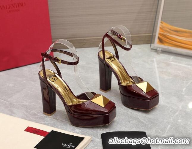 Sophisticated Valentino One Stud Patent Leather High Heel Platform Open Pumps 13cm Burgundy 112969