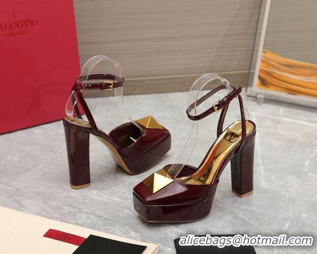 Sophisticated Valentino One Stud Patent Leather High Heel Platform Open Pumps 13cm Burgundy 112969