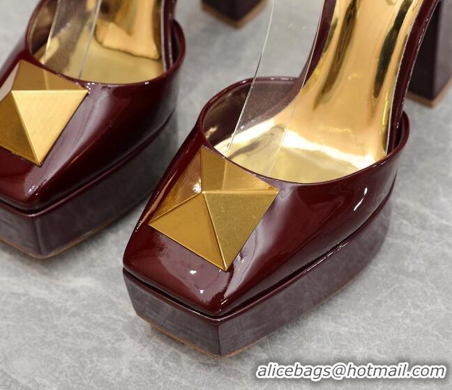 Sophisticated Valentino One Stud Patent Leather High Heel Platform Open Pumps 13cm Burgundy 112969