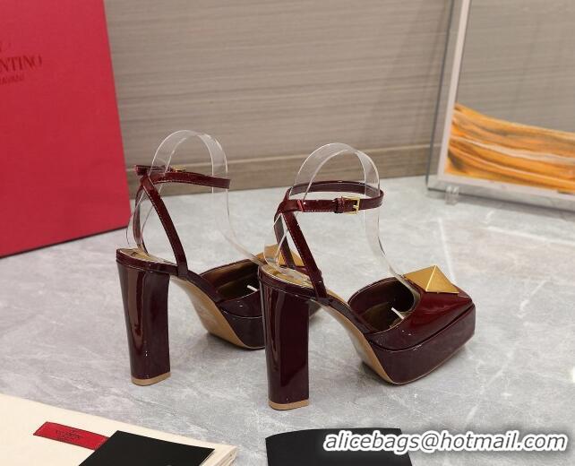 Sophisticated Valentino One Stud Patent Leather High Heel Platform Open Pumps 13cm Burgundy 112969