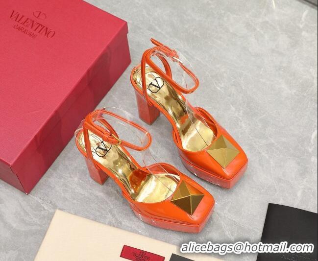 Grade Quality Valentino One Stud Patent Leather High Heel Platform Open Pumps 13cm Orange 112971