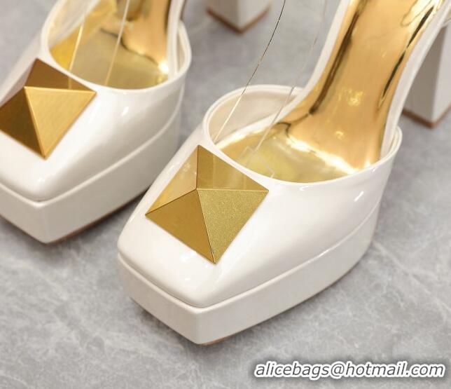 Good Quality Valentino One Stud Patent Leather High Heel Platform Open Pumps 13cm White 112972