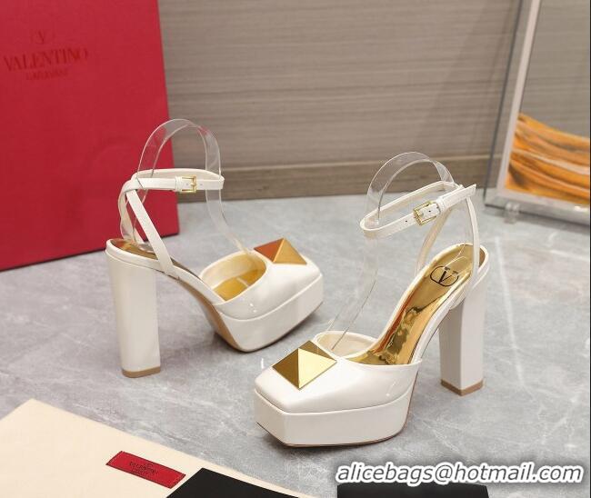 Good Quality Valentino One Stud Patent Leather High Heel Platform Open Pumps 13cm White 112972