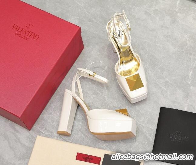 Good Quality Valentino One Stud Patent Leather High Heel Platform Open Pumps 13cm White 112972