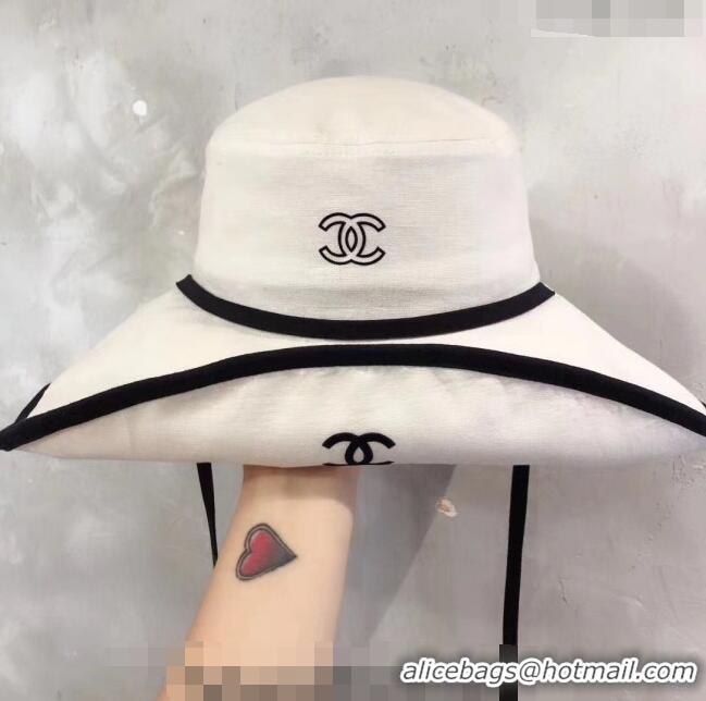 Top Design Chanel Canvas Wide Brim Hat 0216 White 2023