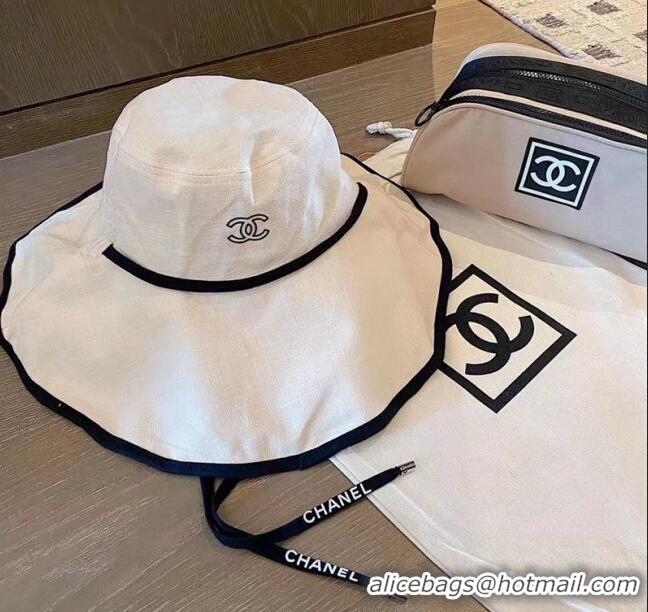 Top Design Chanel Canvas Wide Brim Hat 0216 White 2023